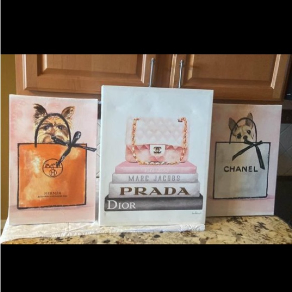 Beautiful Designer Brand & yorkie pup Canvas Wall Art set of 3 prints